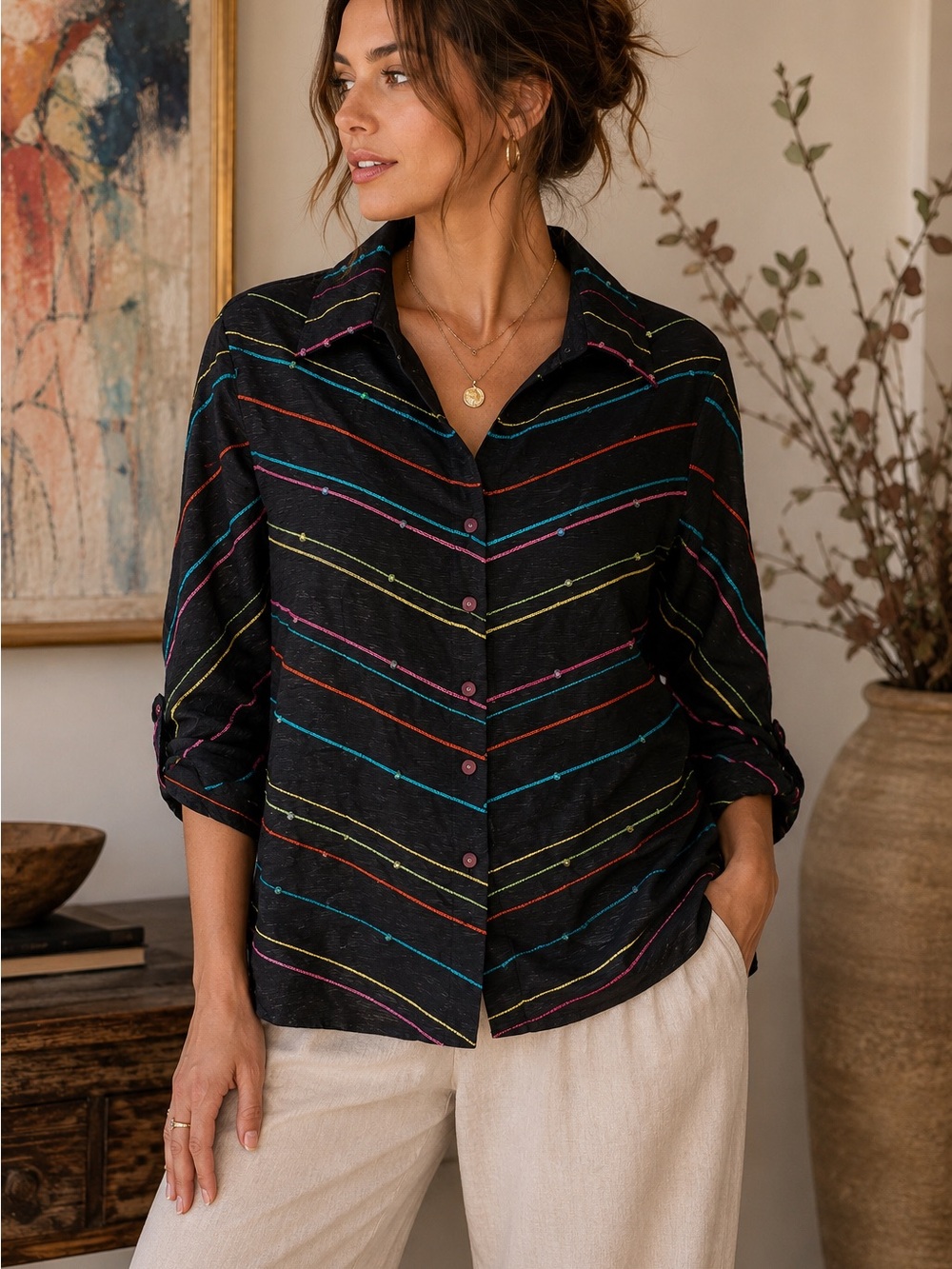 Embroidered Blouse Colorful Chevron Art To Wear Top Boho Boutique‎ Shirt Large